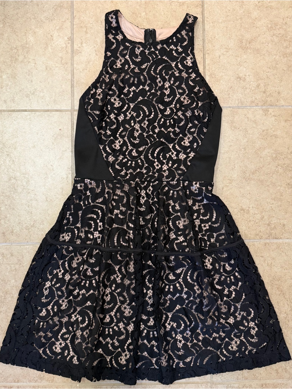 Women’s Black Lace Fit-and-Flare Dress with Nude Lining